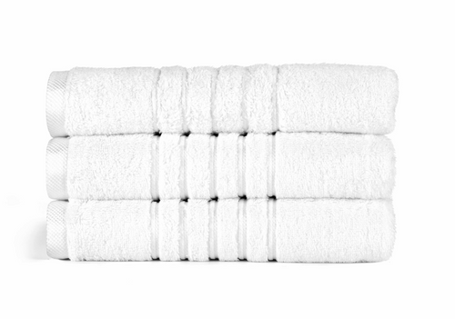 Three folded white towels stacked horizontally on a clean white background.